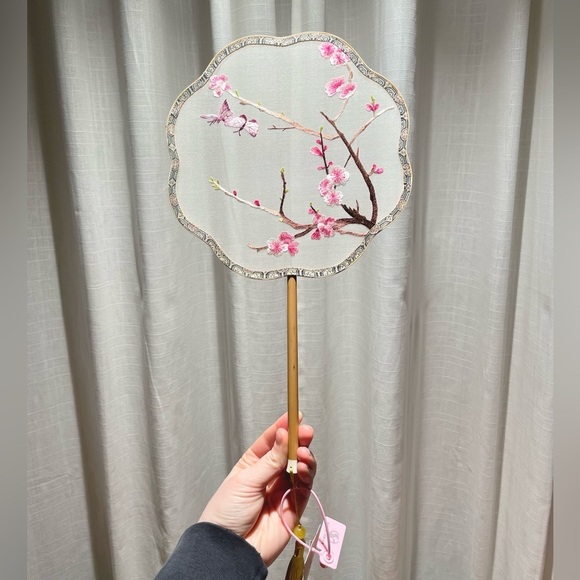 Other - Handsewn Suzhou Embroidery Double Sided Hand Fan Cherry Blossom Butterfly Bamboo